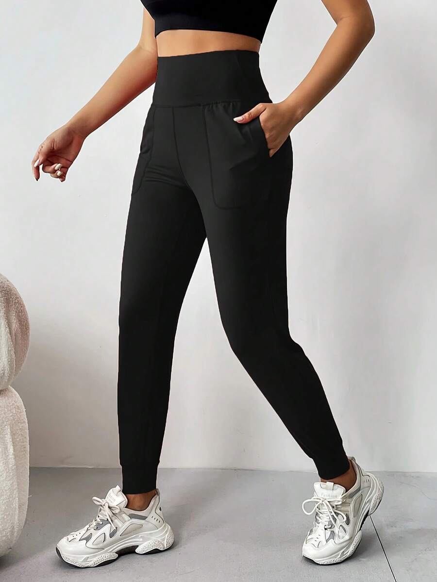 بنطلون رياضي كاجوال مرتفع الخصر مع جيوب للنساء، بنطلون مرتفع الخصر للتنزه والجري، بنطلون رياضي للسيدات - الأسود - مشاهدة 1