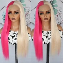 Gorgeous Pink Blonde Hair Synthetic Lace Front Wigs 26 Inch Pre Plucked Long Straight Hair Wigs Glueless Halloween Wigs Heat Resistant Natural Half Pink Half Blonde Straight Lace Front Wigs For Women For Daily Christmas Party Cosplay Use - 拼色 - 查看 5