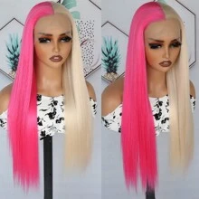 Gorgeous Pink Blonde Hair Synthetic Lace Front Wigs 26 Inch Pre Plucked Long Straight Hair Wigs Glueless Halloween Wigs Heat Resistant Natural Half Pink Half Blonde Straight Lace Front Wigs For Women For Daily Christmas Party Cosplay Use - 拼色 - 查看 6