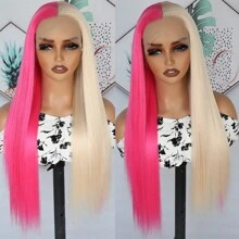Gorgeous Pink Blonde Hair Synthetic Lace Front Wigs 26 Inch Pre Plucked Long Straight Hair Wigs Glueless Halloween Wigs Heat Resistant Natural Half Pink Half Blonde Straight Lace Front Wigs For Women For Daily Christmas Party Cosplay Use - 拼色 - 查看 4