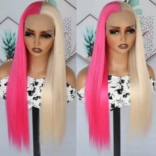 Gorgeous Pink Blonde Hair Synthetic Lace Front Wigs 26 Inch Pre Plucked Long Straight Hair Wigs Glueless Halloween Wigs Heat Resistant Natural Half Pink Half Blonde Straight Lace Front Wigs For Women For Daily Christmas Party Cosplay Use - 拼色 - 查看 7