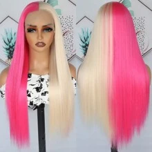 Gorgeous Pink Blonde Hair Synthetic Lace Front Wigs 26 Inch Pre Plucked Long Straight Hair Wigs Glueless Halloween Wigs Heat Resistant Natural Half Pink Half Blonde Straight Lace Front Wigs For Women For Daily Christmas Party Cosplay Use - 拼色 - 查看 8