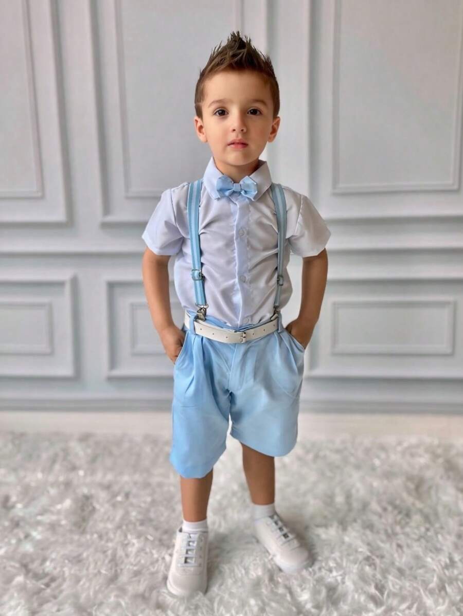 Beige Children's Set For Boys, Suspenders And Bermuda Shorts - P.M.G.1.2.3.4.6.8.10.12 - Màu xanh nhạt - Xem 1