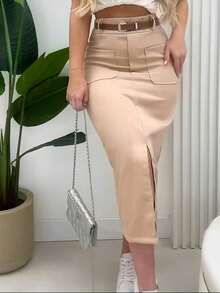 Classic And Versatile: Black Midi Skirt With Belt For Powerful Looks! - 米色 - 查看 2