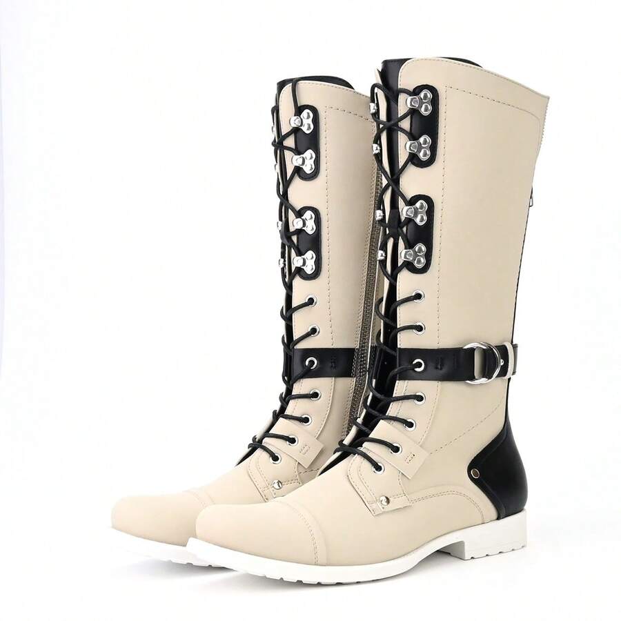 Giày bốt thời trang cổ cao buộc dây có khóa kéo bên hông cho nam - trắng - Xem 1