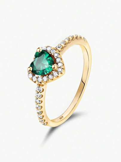 Anel feminino com diamante verde de alto brilho, 1 peça, em prata pura com zircônia cúbica, joia luxuosa e requintada, ideal para casamento ou noivado.