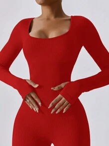 Yefecy Women's Solid Color Ribbed Red Long Sleeve Jumpsuit, Skin-Tight Comfortable, Sportswear Casual, Ribbed Long Sleeve Shapewear Activewear, Yoga Jumpsuit, Shapewear - Red - View 3