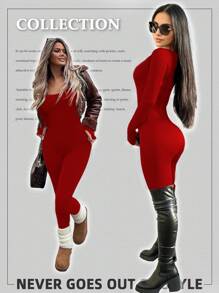 Yefecy Women's Solid Color Ribbed Red Long Sleeve Jumpsuit, Skin-Tight Comfortable, Sportswear Casual, Ribbed Long Sleeve Shapewear Activewear, Yoga Jumpsuit, Shapewear - Red - View 6