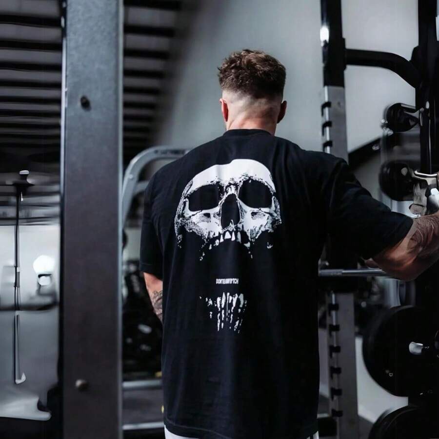 Men's Fashion Fit T-Shirt 100% Cotton Oversized Gym Shirt - 黑色 - 查看 1
