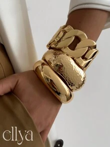 1pc Vintage Fashionable Asymmetrical Hollow Metal Cuff Bracelet, Exaggerated Chic Wide Face Thick Gold & Silver Mirror Surface Bracelet, Women Simple High-Quality Double-Sided Spring Wrist Bracelet, Multi-Functional Stackable Jewelry, Chunky Jewelry, Suitable For Daily Decor, Party And Banquet Jewelry, Holiday Gift Jewelry