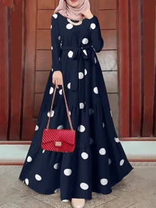 Women Modest Dress Elegant Casual Loose Abaya Long Sleeved Polka Dots Printed O-Neck Maxi Robe