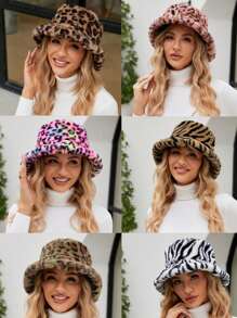 1 Women's Leopard Print Plush Bucket Hat, Autumn And Winter Warm Multi-Purpose, Adjustable Cap Crown, Suitable For Anyone Group Of Small Bucket Hats Suitable For Daily Use Leopard Print Pattern Random Winter Outfits