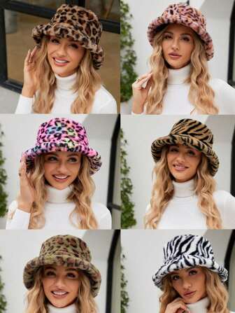 1pc Women's Leopard Print Fuzzy Bucket Hat, Warm & Versatile For Autumn/Winter, Adjustable Crown, Fits All, Compact Bucket Hat For Everyday Wear, Random Leopard Print Pattern Suitable For Halloween Decoration