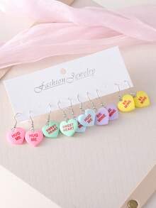5对复古情人节糖果色爱心“拥抱我，做我的甜心”耳环套装，女士树脂马卡龙色简约耳环，情人节礼物 - 彩色的 - 查看 3