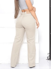 Taiga Jeans Wide Leg Pantaloons With Pockets Beige Premium High Waist Shapes Butt - 米色 - 查看 2