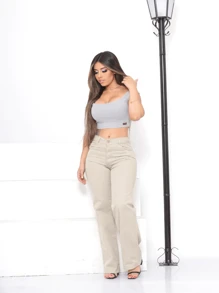 Taiga Jeans Wide Leg Pantaloons With Pockets Beige Premium High Waist Shapes Butt - 米色 - 查看 6