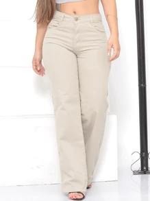 Taiga Jeans Wide Leg Pantaloons With Pockets Beige Premium High Waist Shapes Butt - 米色 - 查看 1