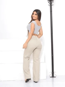 Taiga Jeans Wide Leg Pantaloons With Pockets Beige Premium High Waist Shapes Butt - 米色 - 查看 4