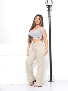 Taiga Jeans Wide Leg Pantaloons With Pockets Beige Premium High Waist Shapes Butt - 米色 - 查看 3