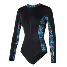 Speedo Women's Swimwear, Long Sleeve One-Piece Swimsuit, Sun-Protective Paddling Suit, Summer Beach Swimming, Surfing, And Stand-Up Paddleboarding, Back Cutout, Holiday, Leisure, Sports Swimwear, Endurance 10 Chlorine-Resistant Technology, 8-12360G731 - Black/Fluorescent Pink/Lazuli Blue/Mercury Blue - View 4