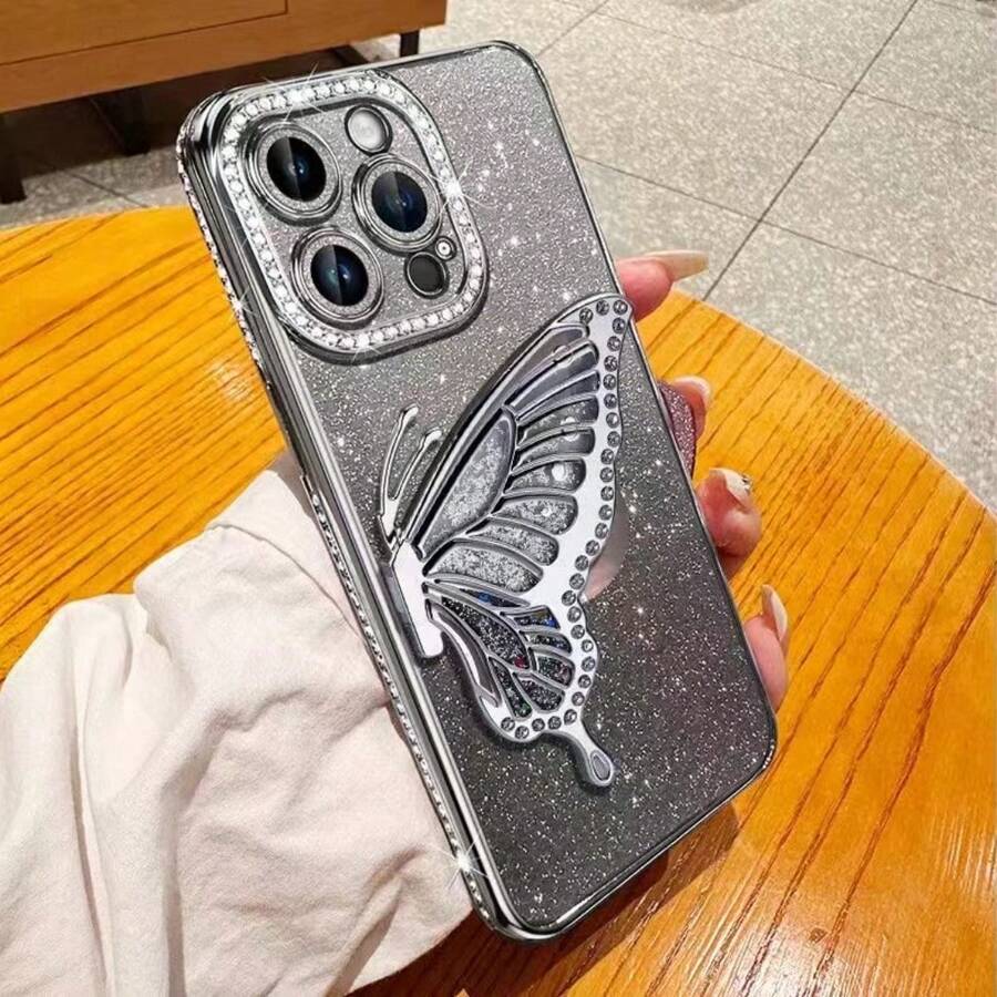 1pc Rhinestone Liquid Glitter Butterfly Protective Phone Case For