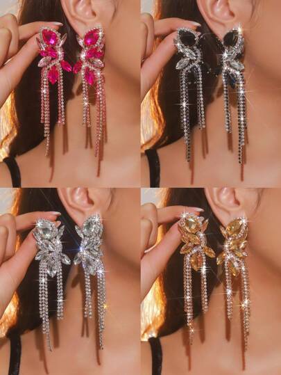 1pair Multicolor Sparkling Crystal Rhinestone Tassel Earrings, Stage Show & Gown Dress Accessories