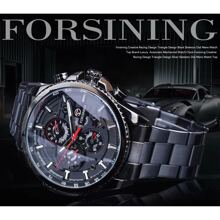 FORSINING Forsining Sport Male Clock Three Dial Calendar Display Black Stainless Steel Men Automatic Wrist Watch Top Brand Luxury Military