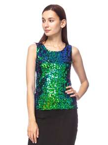 Womens Sequin Metallic Sparkly Cocktail Party Sleeveless Tank Top - 綠色 - 查看 1