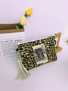 1 pieza Bolso de lona personalizado - Paisaje, Ilustración, Único, Plegable, Gran capacidad, Ligero, Moda, Personalizado, Bolso de maquillaje, Bolso de mano, Monedero, Organizador, Lindo, Decoración con borlas