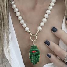 Funky Jewelry Luxury Chunky Gold Color Christ Glass Pearl Cross Charm Pendant Toggle Clasp Necklace Statement Gift Vintage Chain Jewelry ( Each Item Back Is Different )