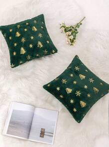 1 件閃閃發光的雪花和聖誕樹印花滌綸抱枕套 - 綠色 - 查看 7