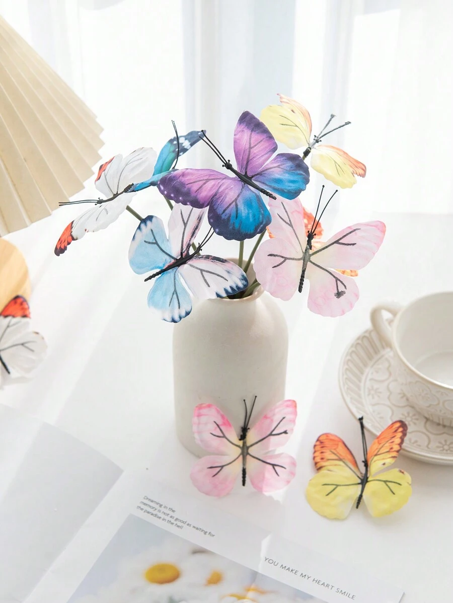 10pcs/Set Multicolor Artificial Flowers Silk Butterfly Plastic Butterfly Bridal Bouquet Valentine's Day Fake Plants Wedding Decoration DIY Wreath Material, Bride Holding Wrist Flower Decoration Accessories, Wedding Car Decoration, Lintel Arch Decoration, Home, Dining Room, Bedroom, Vase Decoration, Birthday Party Decoration Materials New Year Gifts, Valentine's Day, Gift - Multicolor - View 1