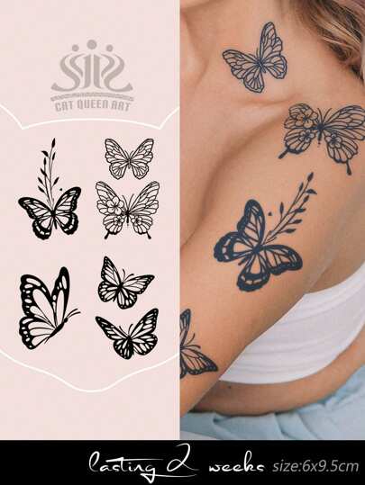 4pcs Herbal Juice Semi-Permanent Realistic Temporary Tattoos, Sweet Butterfly Branch & Leaf Pattern, 7-14 Days Waterproof, Shine-Free Tattoos For Hands, Arms, Ears, Shoulders, Neck, Collarbones