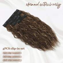 4PCS Clip In Hair Extension, Short Curly Hair Extensions Clip In Hair Extensions Seamless Lace Weft Natural Soft Mermaid Waves Hairpieces For Women - Brown Highlight - View 3