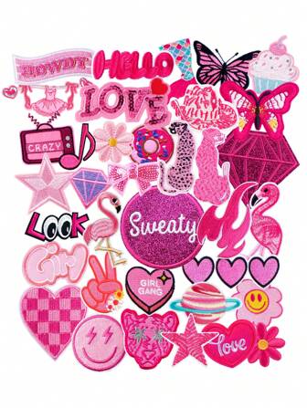 36st Rosa fjäril, hatt, diamant, flamingo, hjärta, leopardmönster, söta tecknade lappar, stryk på/sy på lappar för gör-det-själv-kläder, väskor, hattar