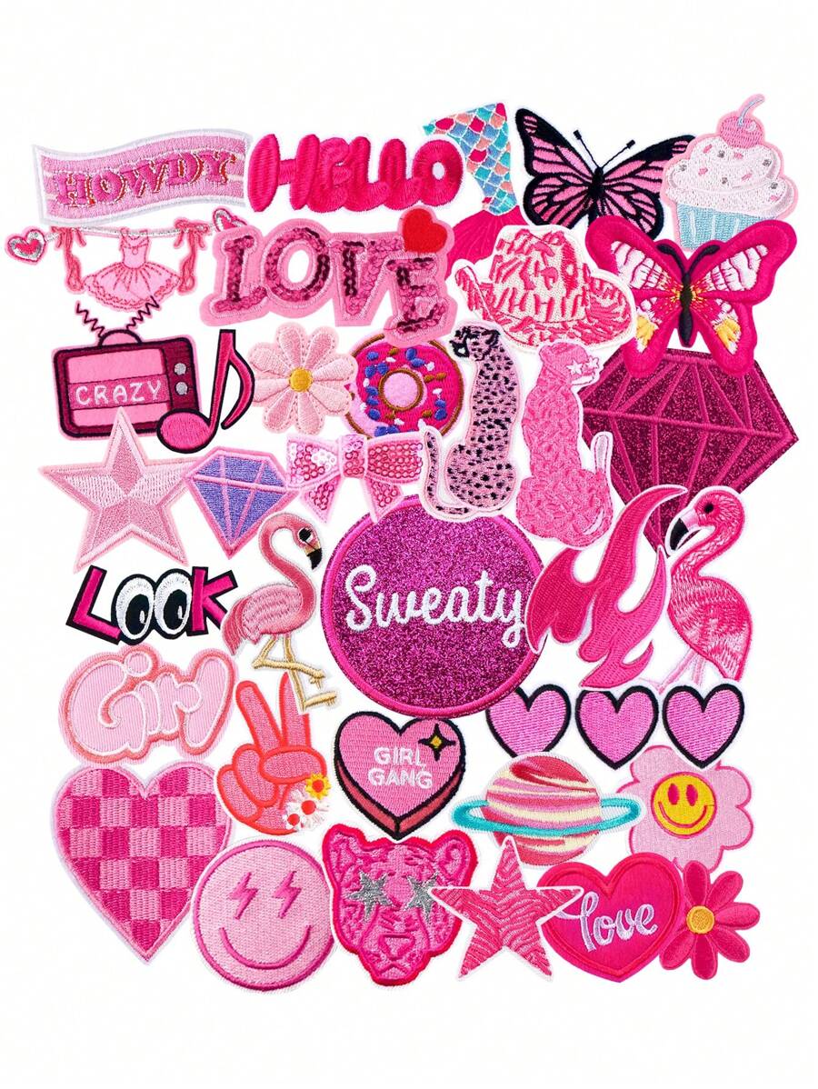 36pcs Pink Butterfly, Hat, Diamond, Flamingo, Heart, Leopard Pattern Patches, Cute Cartoon Style Iron On/Sewing On Patches For DIY Clothing, Bags, Hats
