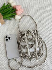 1pc Hollow Out Beaded Weave Fashionable Handbag - Silver - View 4