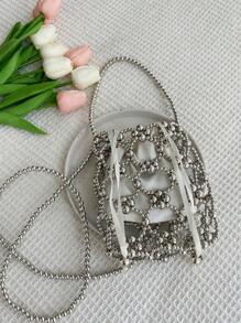 1pc Hollow Out Beaded Weave Fashionable Handbag - Silver - View 1