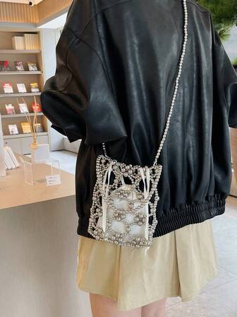 1pc Hollow Out Beaded Weave Fashionable Handbag