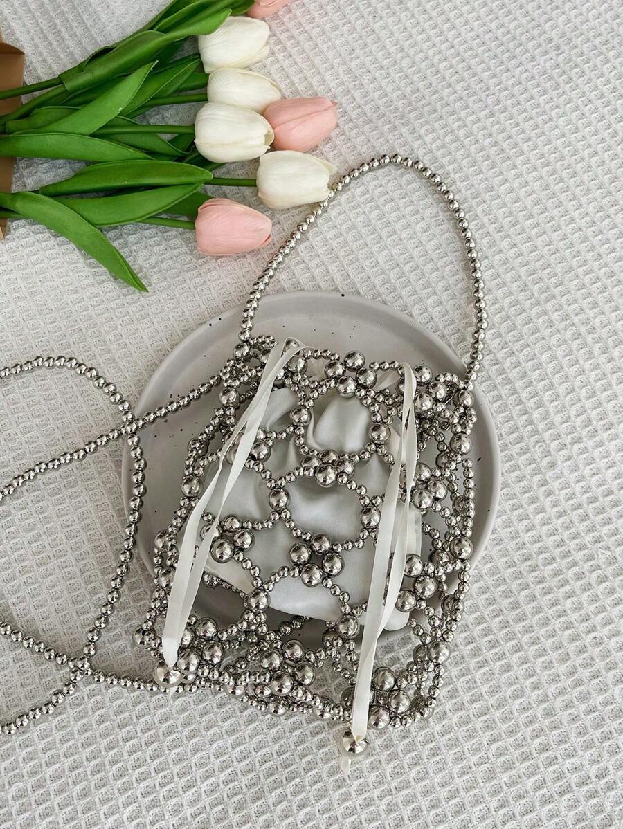 1 pieza Bolso de mano con abertura con cuenta tejido de moda - Plateado - Ver 1