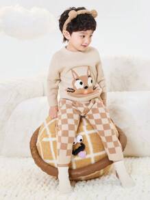 Balabala Young Boy Sleepwear Set Boys' And Girls' Loungewear, Toddlers' And Babies' Warm Half Velvet Pajamas, Parent-Child Cartoon