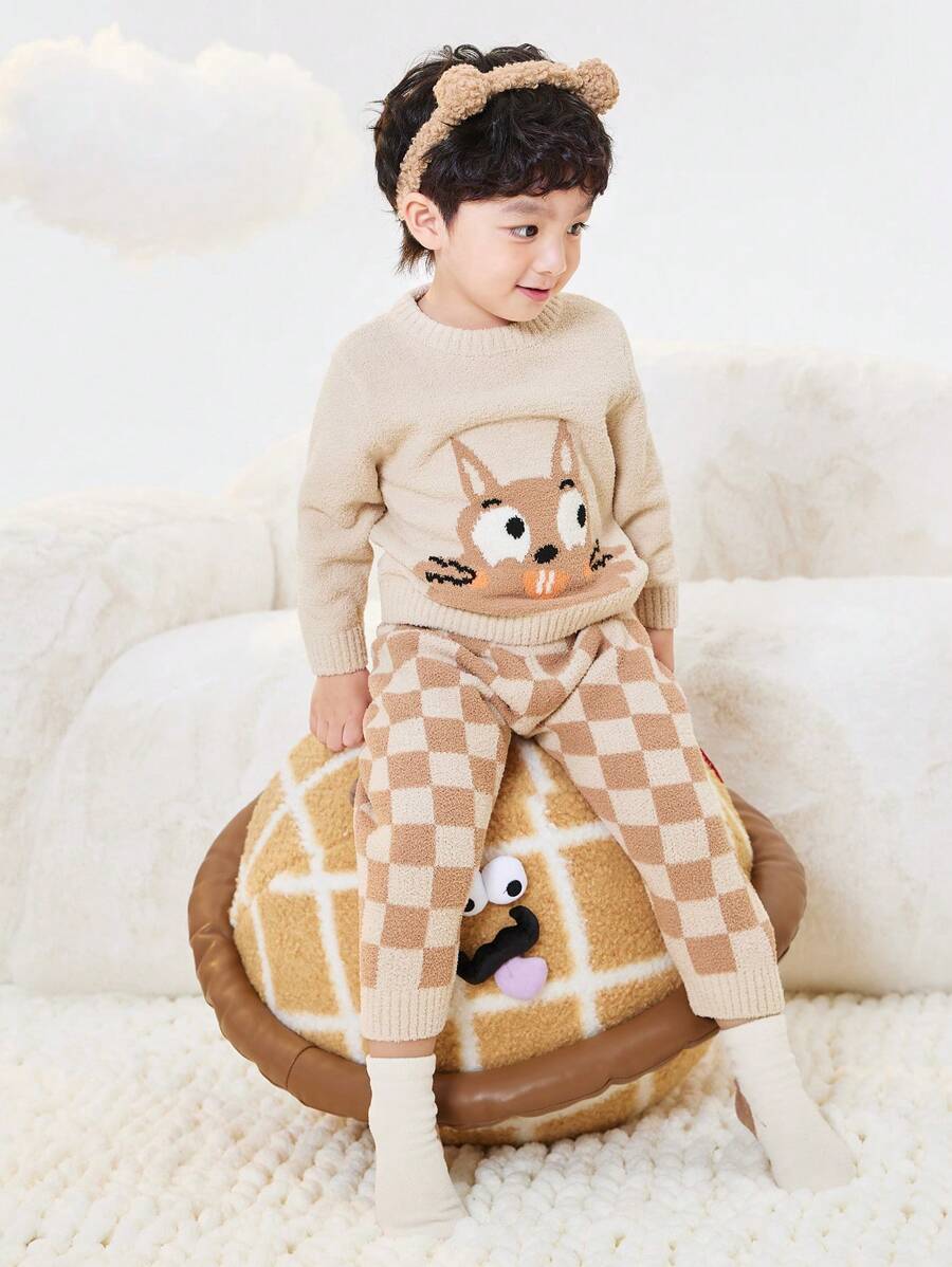 Balabala Young Boy Sleepwear Set Boys' And Girls' Loungewear, Toddlers' And Babies' Warm Half Velvet Pajamas, Parent-Child Cartoon