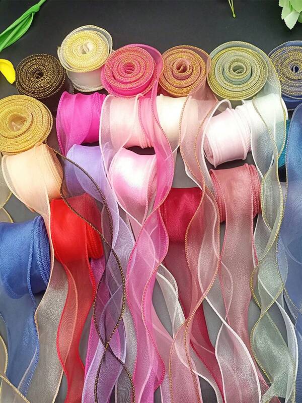 1 Roll Of 4cm X 10 Yards Colorful Sheer Organza Ribbon, With Natural, Elegant And Noble Styles. Aesthetic, Comes With 1 Pin To Assist In Fixing. Can Be Used For DIY Crafts, Home Decor, Festivals, Cake And Flower Decoration. Various Options Include Gold Edge, Holographic, And Ombre., Christmas Valentine Day
