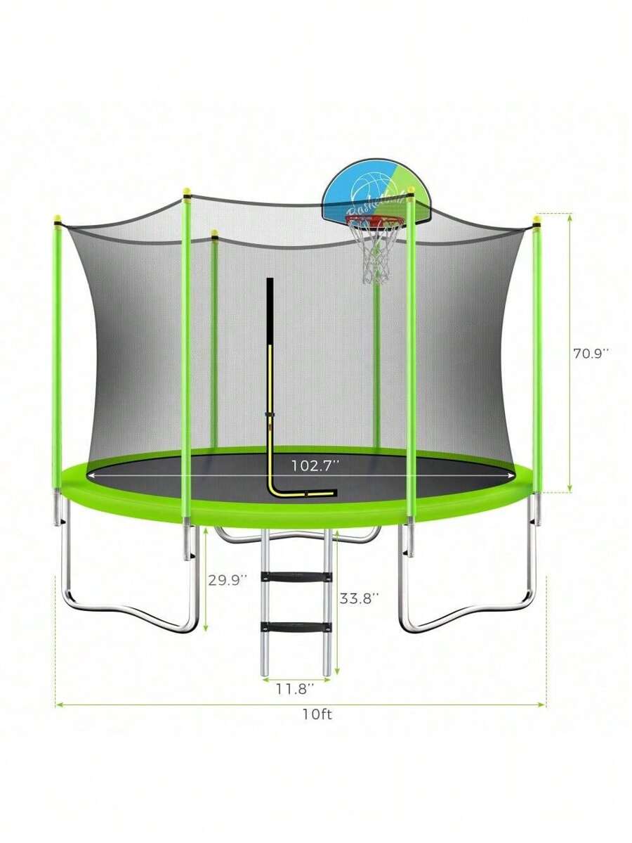 10FT Trampoline For Kids With Safety Enclosure Net, Basketball Hoop And
