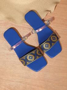1 par de sandálias femininas minimalistas casuais, para casa, feriados, festas, tom de metal, cor dourada, tira, sandálias rasteiras - Azul Real - Ver 1