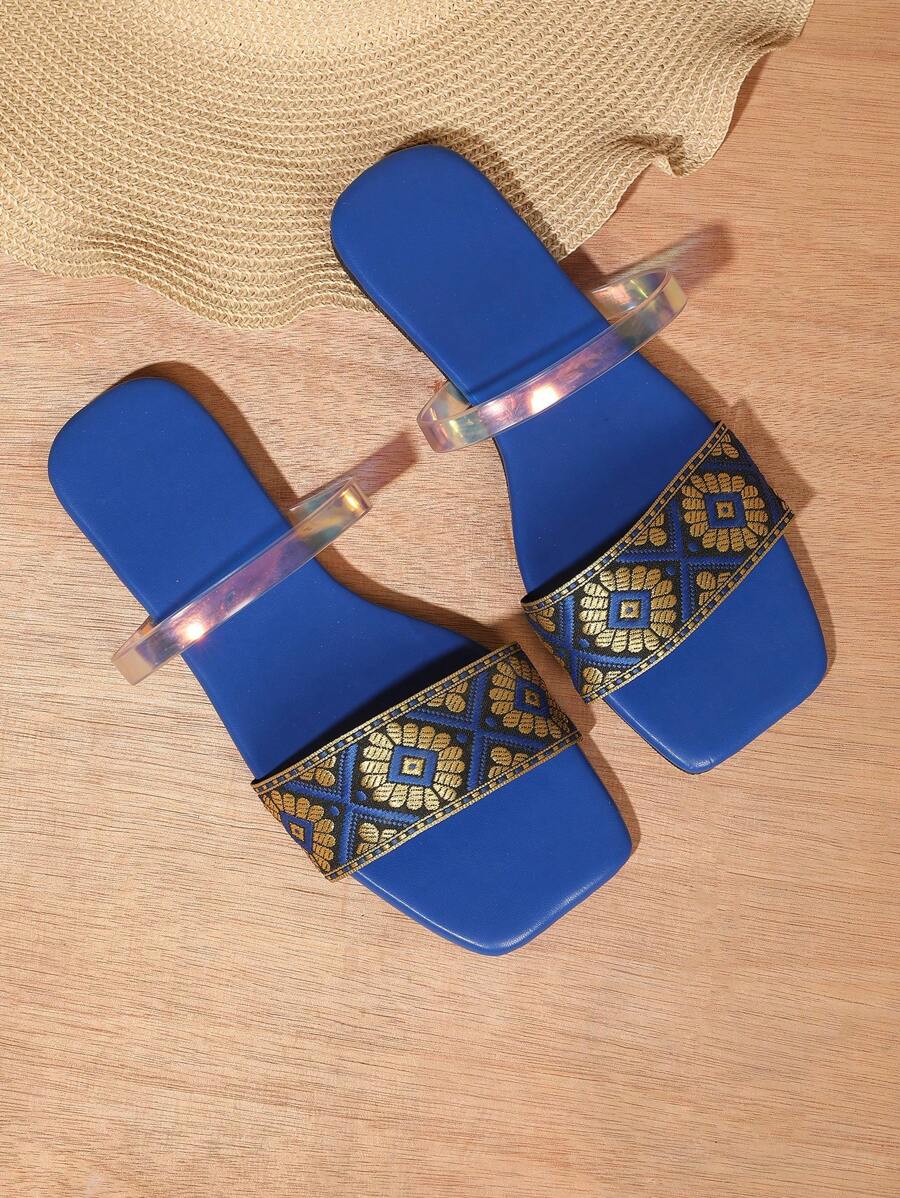 1 par de sandálias femininas minimalistas casuais, para casa, feriados, festas, tom de metal, cor dourada, tira, sandálias rasteiras - Azul Real - Ver 1