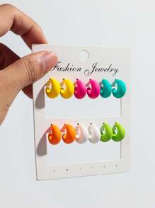 1 Set Of 6 Pairs Popular Fashion Colorful Matte Acrylic Asymmetrical Geometric C-Shaped Hoop Earrings Suitable For Women's Daily Wear - Colorful - View 20