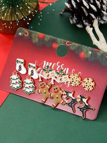 6 对女孩甜美时尚圣诞耳环，饰有雪花、驯鹿、圣诞树、节日配饰 - 彩色 - 查看 6