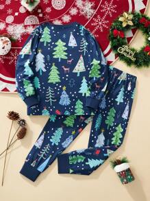 年轻女孩圣诞长袖上衣和裤子套装，卡通独角兽和圣诞树图案，秋冬流行款 - 藏蓝色 - 查看 2