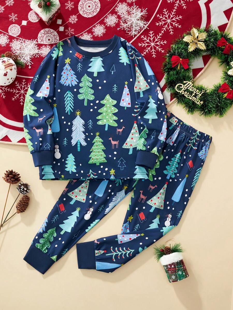 年轻女孩圣诞长袖上衣和裤子套装，卡通独角兽和圣诞树图案，秋冬流行款 - 藏蓝色 - 查看 1